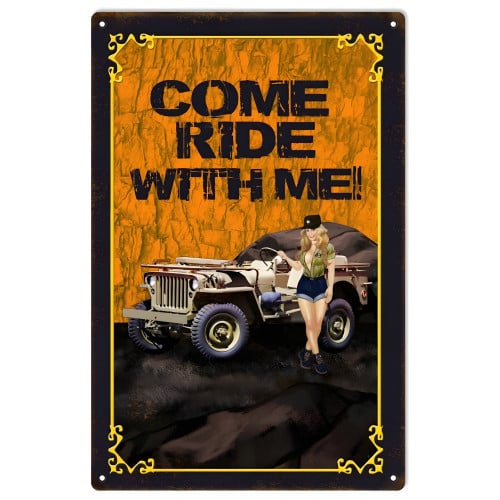 Orange Come Ride With Me Pin Up Girl Jeep Metal Sign - 12" x 18"
