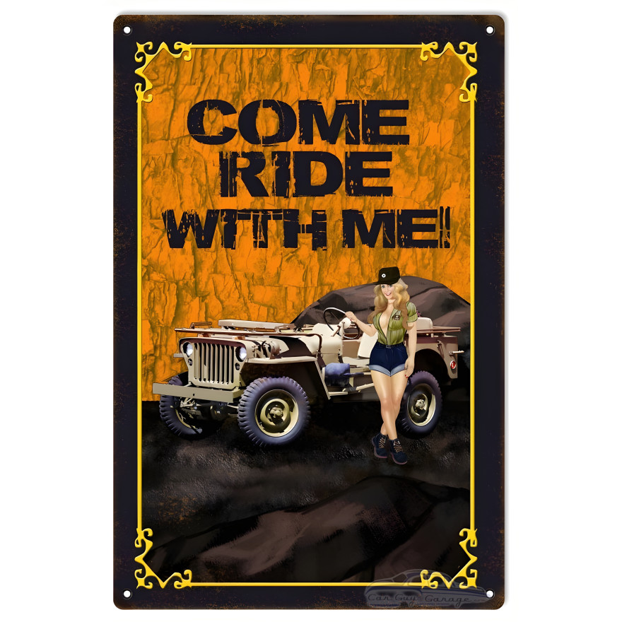 Orange Come Ride With Me Pin Up Girl Jeep Metal Sign - 12" x 18" Orange Come Ride With Me Pin Up Girl Jeep Metal Sign - 12" x 18"