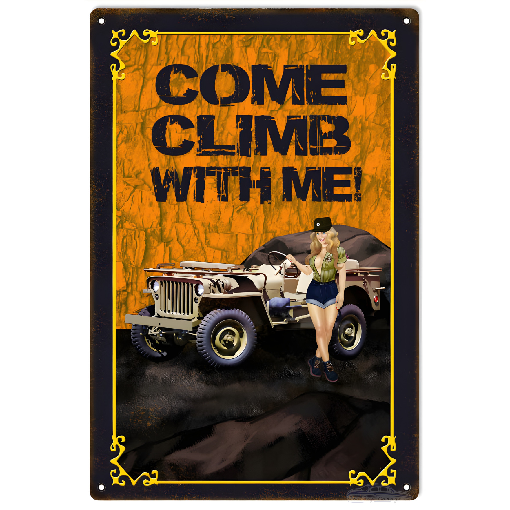 Image showcasing Come Climb With Me Pin Up Girl Jeep Metal Sign - 12