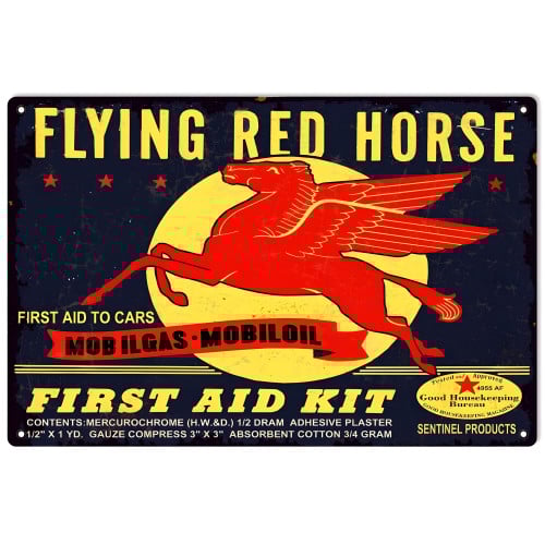 Mobilgas-Mobiloil Flying Red Horse First Aid Kit Metal Sign - 12" x 18"