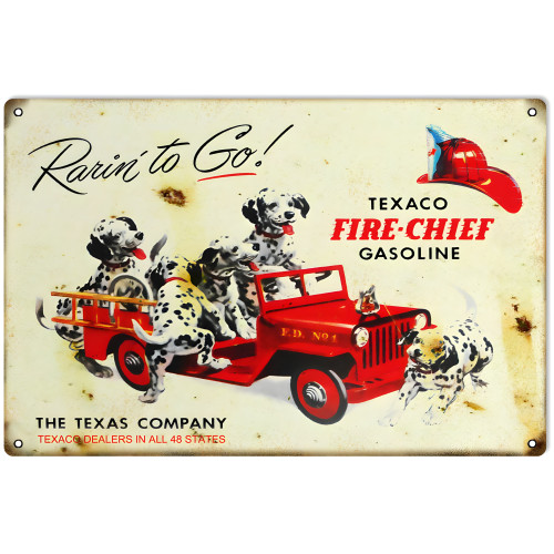 Rarin To Go Texaco Fire Chief Gasoline Metal Sign - 12" x 18"