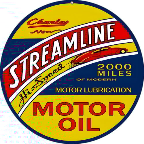 Charley Streamline Motor Oil Metal Sign - 14" Round