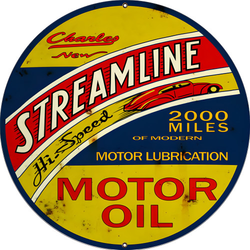 Charley Streamline Motor Oil Metal Sign - 24" Round