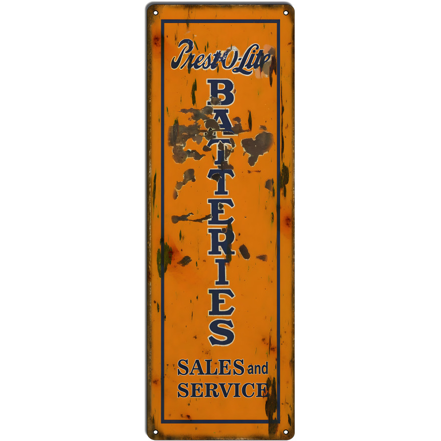Prest-O-Batteries Sales and Service Metal Sign - 8" x 24" Prest-O-Batteries Sales and Service Metal Sign - 8" x 24"