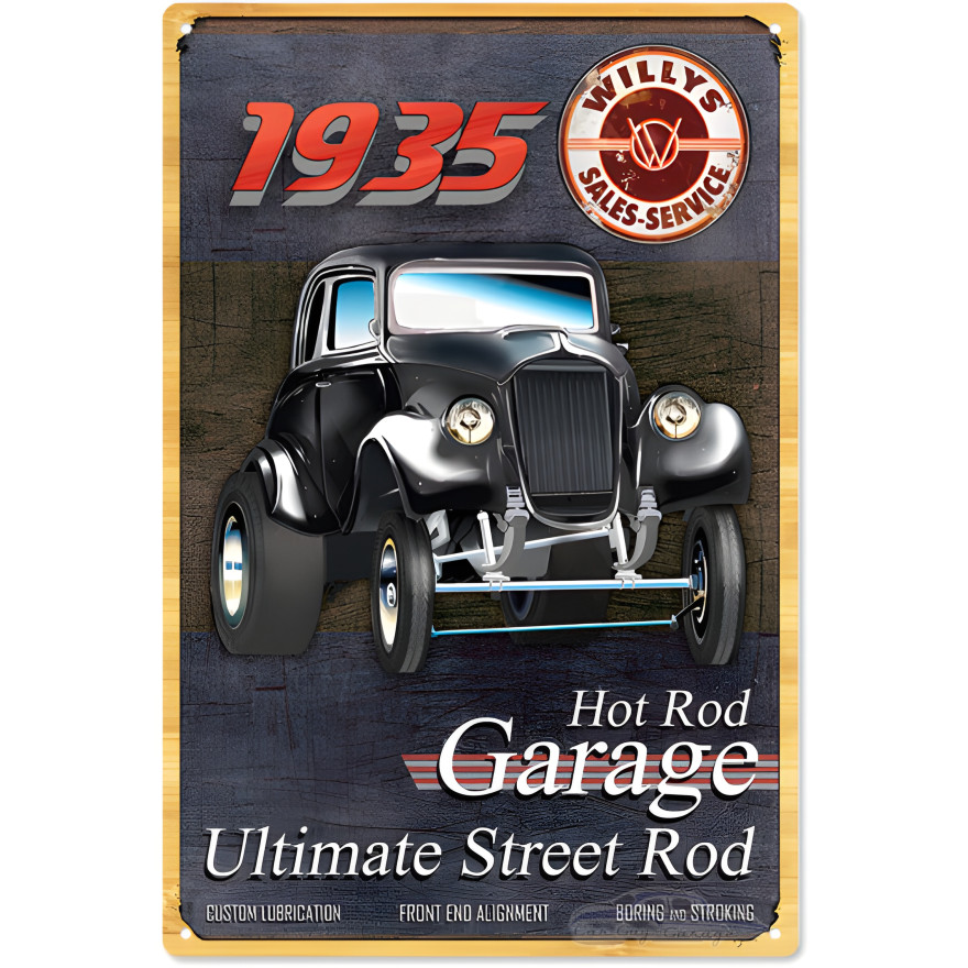 Reproduction 1935 Willy's Sales And Service Hot Rod Garage Ultimate Street Rod Metal Sign - 12" x 18" Reproduction 1935 Willy's Sales And Service Hot Rod Garage Ultimate Street Rod Metal Sign - 12" x 18"