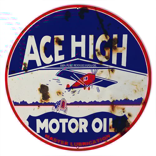 Master Lubrication Ace High Motor Oil Metal Sign - 24" Round