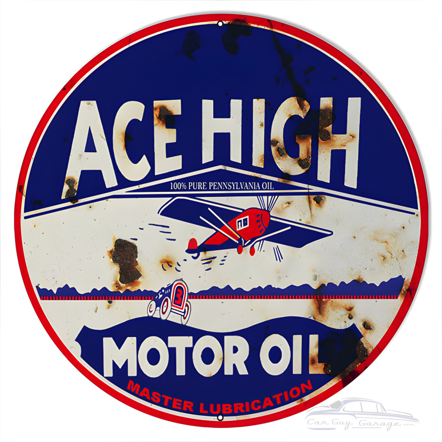Master Lubrication Ace High Motor Oil Metal Sign - 24" Round Master Lubrication Ace High Motor Oil Metal Sign - 24" Round