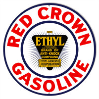 Large Red Crown Ethyl Gasoline Motor Oil Metal Sign - 18" Round