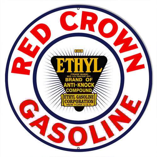 Large Red Crown Ethyl Gasoline Motor Oil Metal Sign - 18" Round