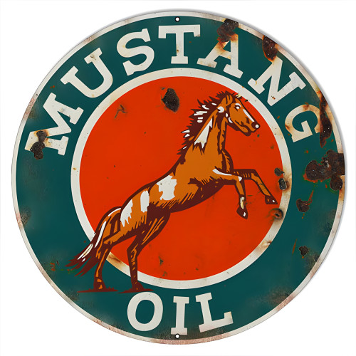 Green And Red Mustang Motor Oil Metal Sign - 14" Round