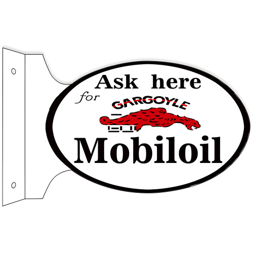 Ask Here Gargoyle Mobiloil Gasoline Flange Metal Sign - 12" x 18"