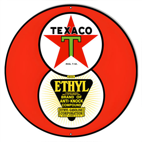Large Red Ethyl Texaco Motor Oil Metal Sign - 18" Round