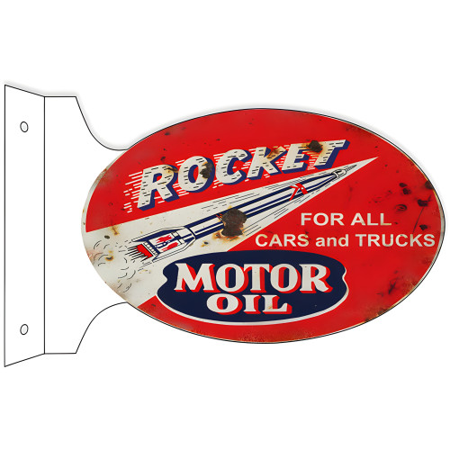Rocket Motor Oil Double Sided Flange Metal Sign - 12" x 18"