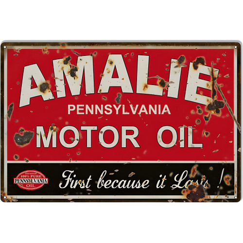 Amalie First Because It Lasts Motor Oil Metal Sign - 12" x 18"