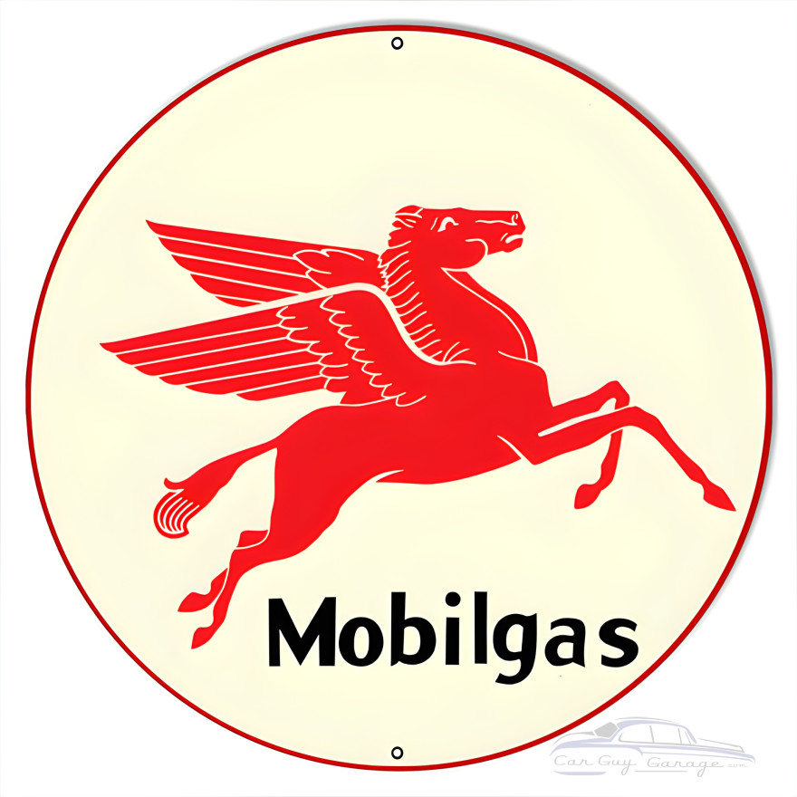 Mobilgas Gasoline with Pegasus Metal Sign - 24" Round Mobilgas Gasoline with Pegasus Metal Sign - 24" Round