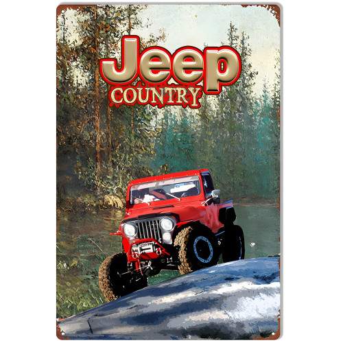 Country Jeep Red Metal Sign - 12" x 18"