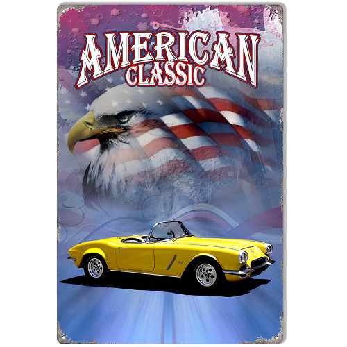 Yellow Convertible Corvette Metal Sign - 12" x 18"
