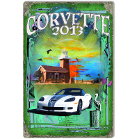 White Corvette Metal Sign - 12" x 18"