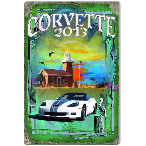 White Corvette Metal Sign - 12" x 18"