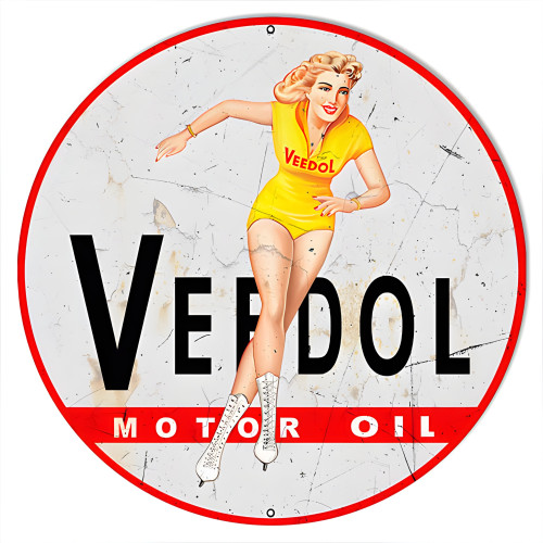 Distressed Veedol Pin Up Girl Motor Oil Reproduction Metal Sign - 18" Round