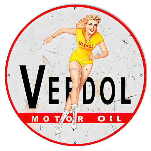 Veedol Pin Up Girl Motor Oil Metal Sign - 24" Round