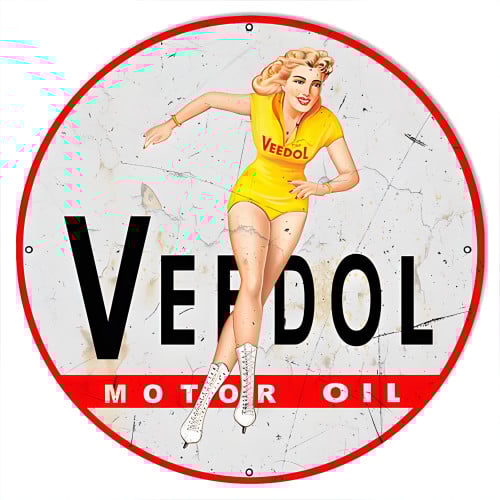 Veedol Pin Up Girl Motor Oil Metal Sign - 30" Round