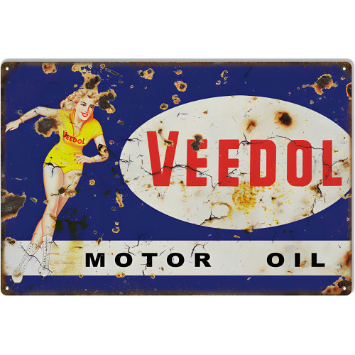 Veedol Pin Up Girl Motor Oil Reproduction Metal Sign - 12" x 18"