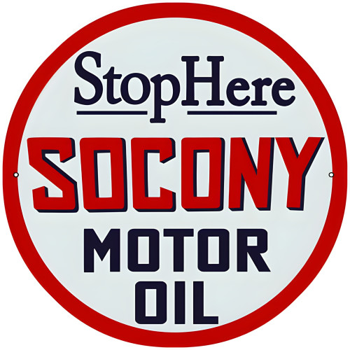 Large Stop Here Socony Motor Oil Metal Sign - 18" x 18"