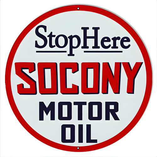 Stop Here Socony Motor Oil Metal Sign - 14" x 14"