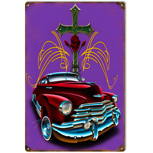 Red Rose Cross Hot Rod Metal Sign - 12" x 18"
