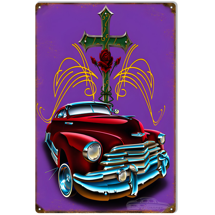 Red Rose Cross Hot Rod Metal Sign - 12" x 18" Red Rose Cross Hot Rod Metal Sign - 12" x 18"