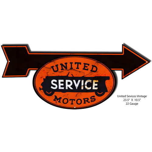 United Motors Services Arrow Metal Sign - 10.5" x 23.5"
