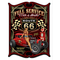 Route 66 Full Service Gas Station Hot Rod Pin Up Girl Metal Sign - 14" x 18"