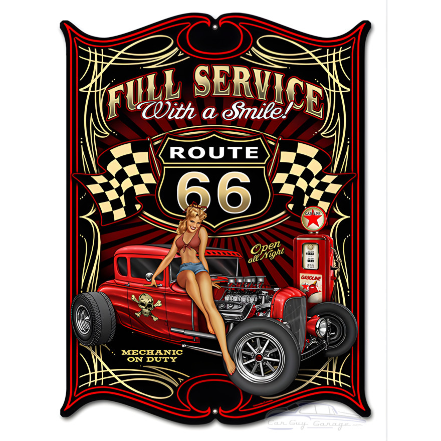 Route 66 Full Service Gas Station Hot Rod Pin Up Girl Metal Sign - 14" x 18" Route 66 Full Service Gas Station Hot Rod Pin Up Girl Metal Sign - 14" x 18"