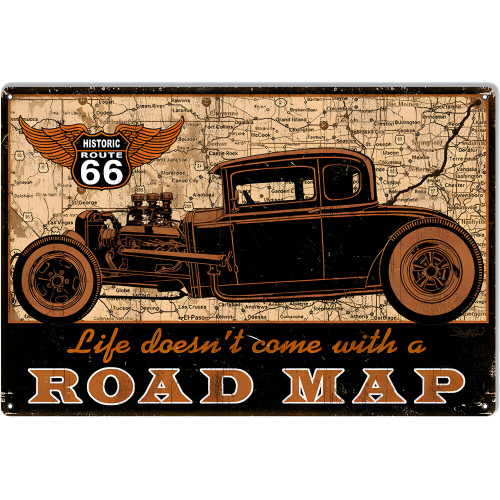 Route 66 Road Map Hot Rod Car Sign Metal Sign - 12" x 18"