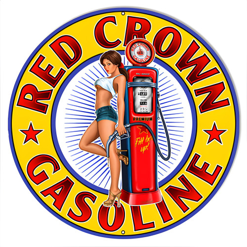Red Crown Gasoline Pin Up Girl Metal Sign - 14" Round