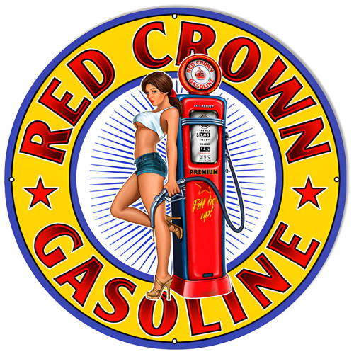 Red Crown Gasoline Pin Up Girl Metal Sign - 18" Round