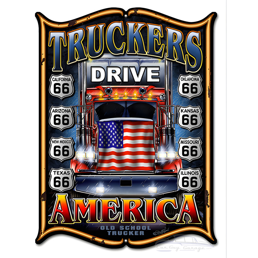 Truckers Route 66 America Flag Garage Art Metal Sign - 14" x 18" Truckers Route 66 America Flag Garage Art Metal Sign - 14" x 18"