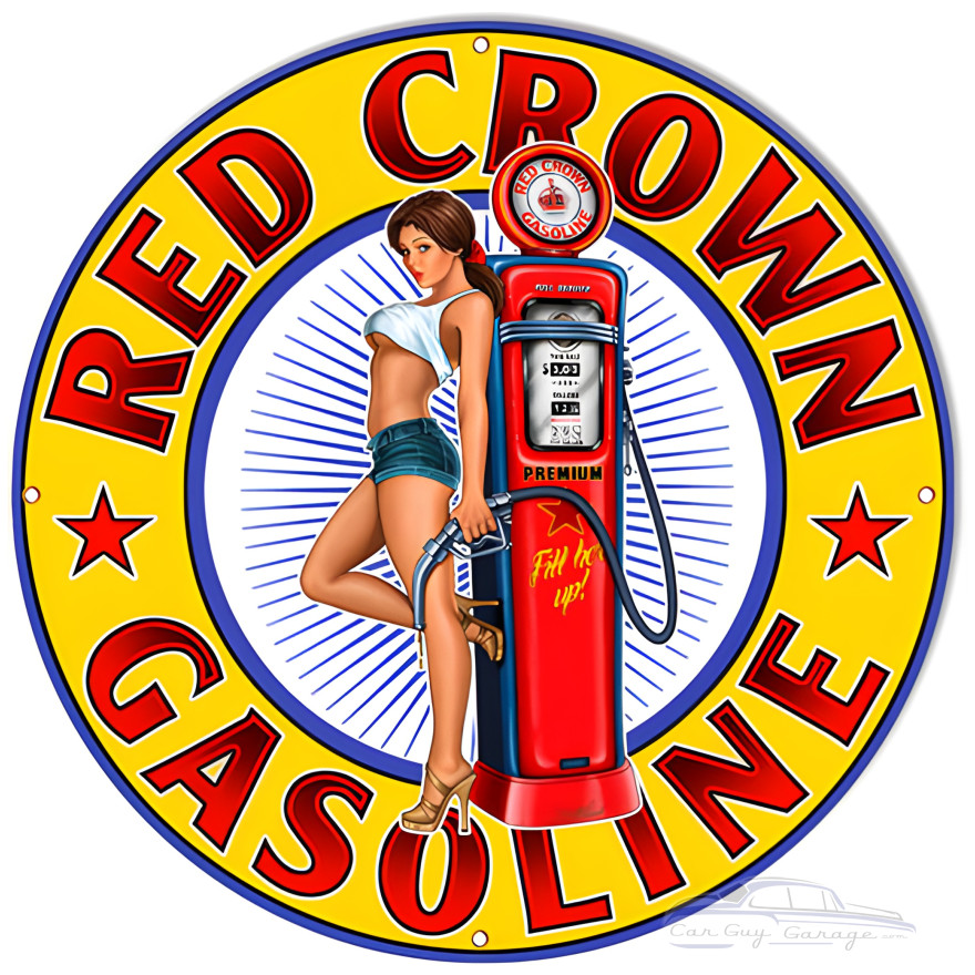 Red Crown Gasoline Pin Up Girl Metal Sign - 30" Round Red Crown Gasoline Pin Up Girl Metal Sign - 30" Round