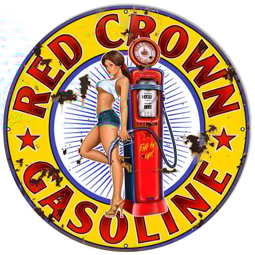 Red Crown Gasoline Pin Up Girl Metal Sign - 24" Round