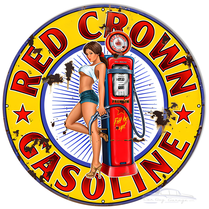 Red Crown Gasoline Pin Up Girl Metal Sign - 24" Round Red Crown Gasoline Pin Up Girl Metal Sign - 24" Round
