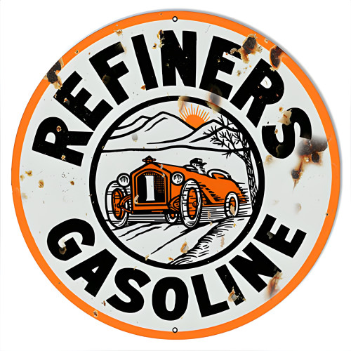 Vintage Refiners Gasoline Metal Sign - 14" Round
