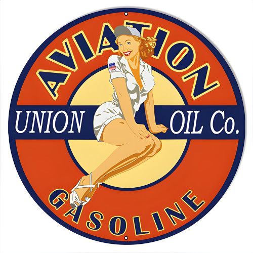 Aviation Pin Up Girl Motor Oil Metal Sign - 14" Round