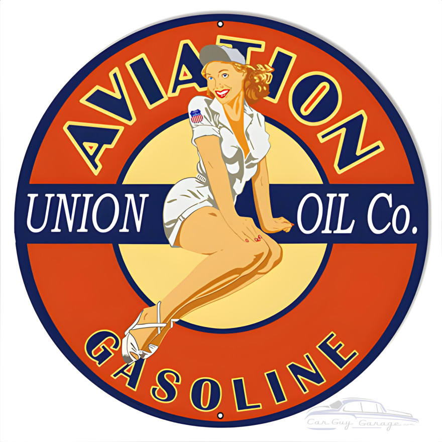 Aviation Pin Up Girl Motor Oil Metal Sign - 14" Round Aviation Pin Up Girl Motor Oil Metal Sign - 14" Round