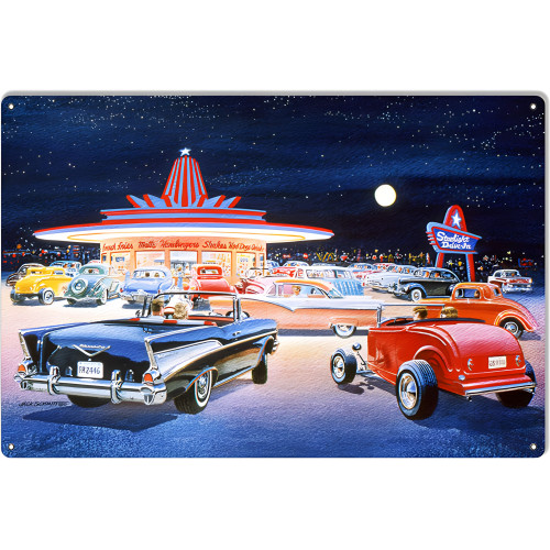 Hot Rods At The Starlight Drive In Reproduction Garage Shop Metal Sign - 12" x 18"