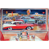 Classic Cars At The Diner Reproduction Garage Shop Metal Sign - 12" x 18"
