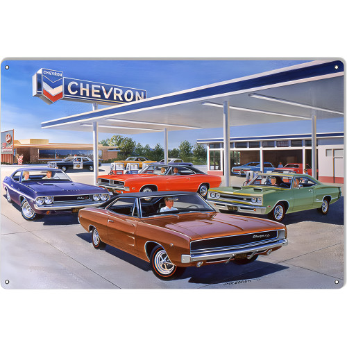 Chevron Gas Station And Muscle Cars Reproduction Garage Shop Metal Sign - 12" x 18"
