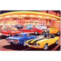 Classic Muscle Cars At The Diner Metal Sign - 12" x 18"