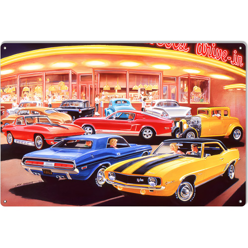 Classic Muscle Cars At The Diner Metal Sign - 12" x 18"