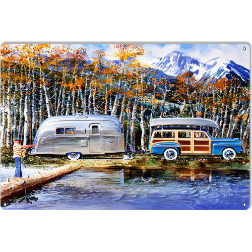 Woody Pulling An Airstream Metal Sign - 12" x 18"